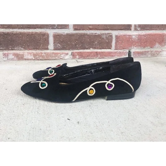 vintage 80s COLORFUL JEWELS black suede pointy FLATS unique avant garde rainbow - Picture 7 of 10